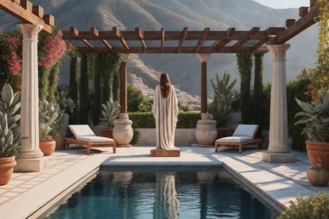 Desain Kolam Renang Klasik dengan Patung dan Air Mancur